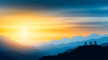 Obraz premium Silhouetted cyclists ride along a mountain ridge against a stunning sunset backdrop, showcasing vibrant colors, This image is perfect for promoting outdoor activities, advertisements