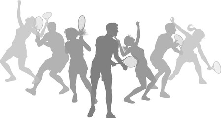 Silhouette Tennis players set. Active sports people healthy players fitness silhouettes concept.