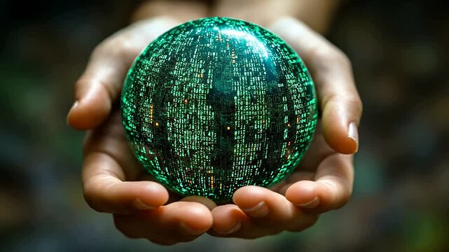 Crystal ball shows data stream in hands, a futuristic technology with green codes