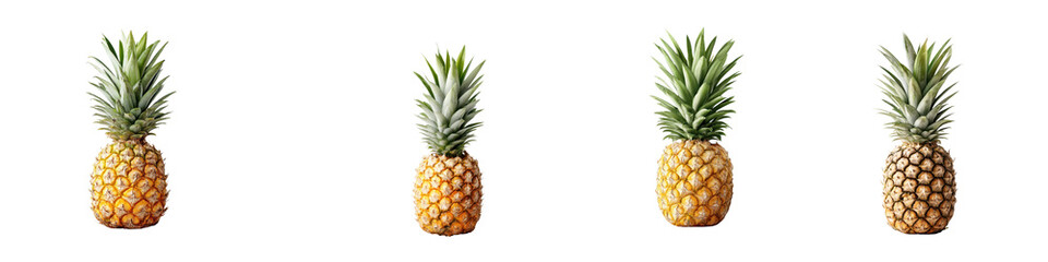Fototapeta premium Ripe pineapples with green leaves on white background