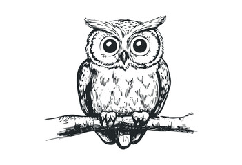 Obraz premium Detailed hand-drawn owl illustration on a branch. Vector retro hand drawn illustration