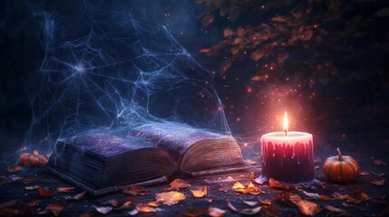 A candlelit library with enchanted cobwebs