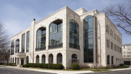 Obraz premium Stone facade with arched windows on a three-story modern building, combining function and beauty.