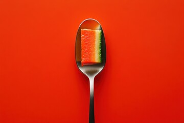 A slice of watermelon in a spoon, all on an orange background. Use it for food, healthy eating, or summer concepts design.