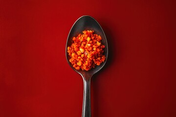 Spoonful of bright orange chili crunch against a red background. It can be used for recipes or articles about spicy foods.