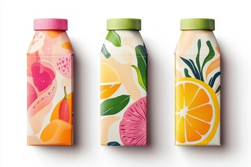 Three colorful bottles of juice with fruit pattern on white background. Great for marketing healthy drinks and beverage product designs.