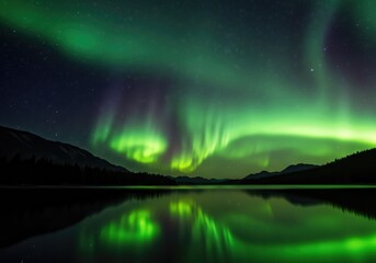 Fototapeta premium Aurora Borealis Northern Lights Over Still Mountain Lake Reflection