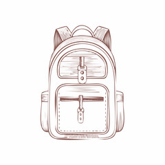 Simple brown sketch of a backpack, showing details of straps and pockets.