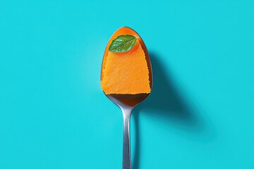Pumpkin dessert with mint on a spoon on cyan background. Use for food blogs, holiday recipes, or healthy eating concept.