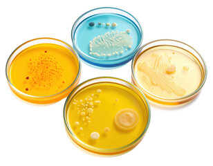 Four petri dishes containing various bacterial colonies growing on different colored agar media.