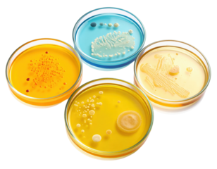 Four petri dishes containing various bacterial colonies growing on different colored agar media.
