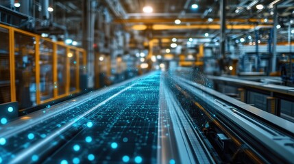 Fototapeta premium Automated factory assembly line with futuristic digital overlay and conveyor belt system in operation