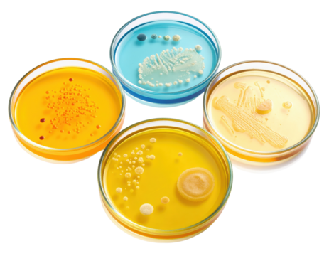 Four petri dishes containing various bacterial colonies growing on different colored agar media.