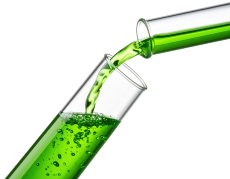 Bright green liquid is being poured from a test tube into another test tube, creating bubbles and a dynamic flow.