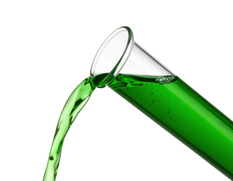A close-up of green liquid being poured out of a transparent glass test tube against a black background. - Powered by Adobe