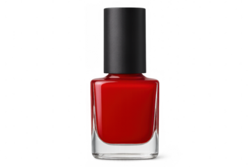 Red nail polish in a glass bottle with a black cap, isolated on transparent background, perfect for beauty and cosmetics projects