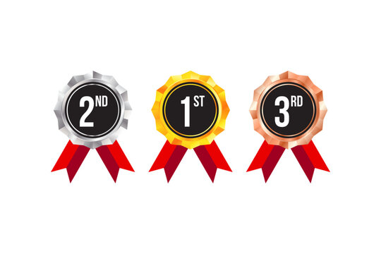 Gold, silver and bronze medals vector illustration set for label, certificate, badge, winner. 3d stars award seals isolated collection. 1st, 2nd and 3rd medal place rankings with vibrant red ribbons