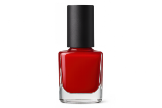 Red nail polish in a glass bottle with a black cap, isolated on transparent background, perfect for beauty and cosmetics projects - Powered by Adobe