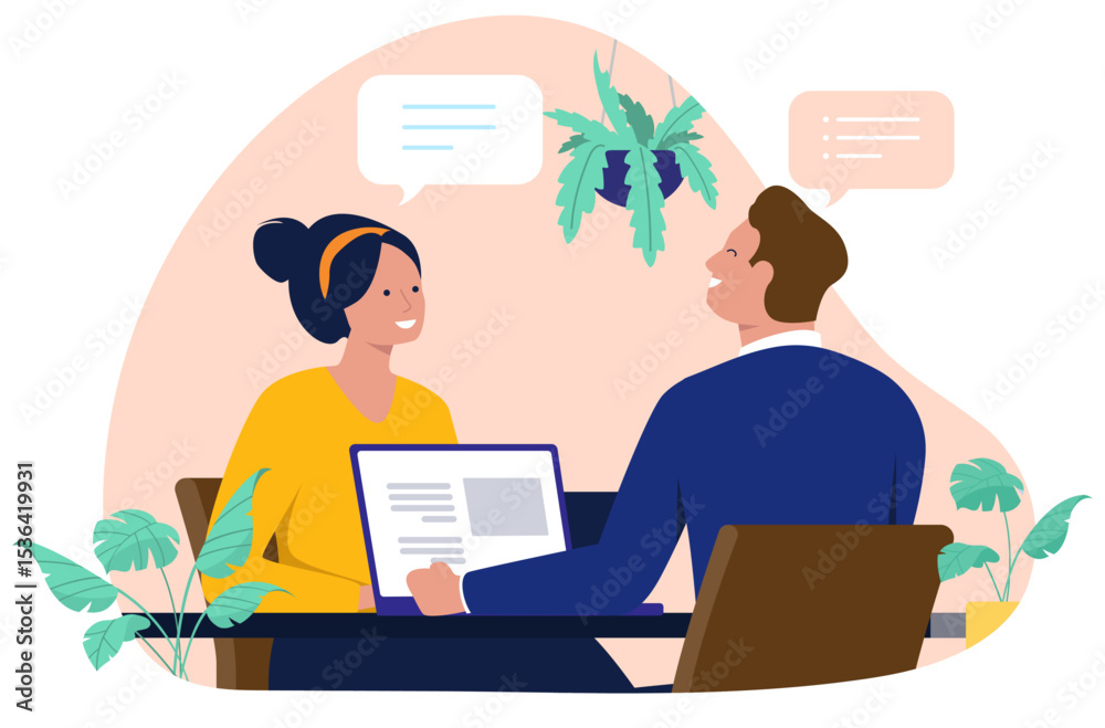 Aufkleber Two people engaging in a conversation or interview at a table, with speech bubbles representing dialogue and a laptop visible, suggesting business or professional discussion. Flat design illustration