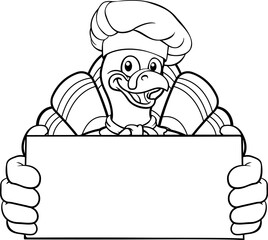 A turkey chef hat Thanksgiving cartoon bird Christmas mascot peeking around a sign with copy space