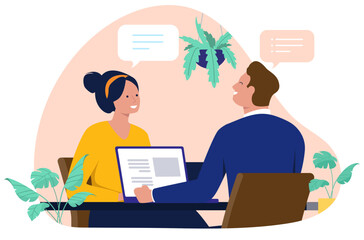 Two people engaging in a conversation or interview at a table, with speech bubbles representing dialogue and a laptop visible, suggesting business or professional discussion. Flat design illustration