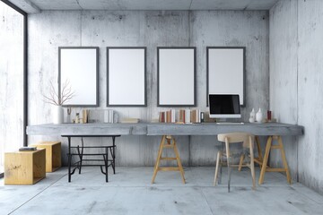 Urban-inspired home office with raw concrete finishes, minimalist desk, and whiteboard frames.