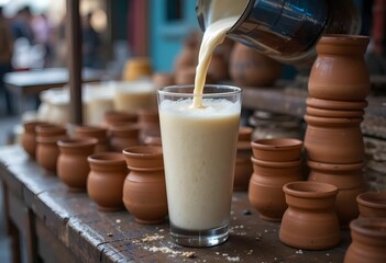Street-style lassi stall setup: glass being filled with frothy lassi, stack of clay cups in background, vibrant market colors.
