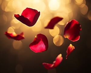 Red rose petals gently floating in mid-air illuminated by golden backlight