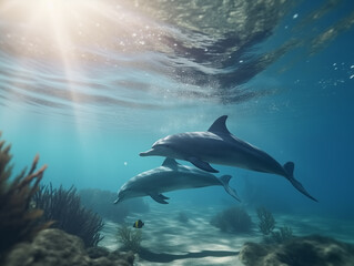 Obraz premium Dolphin parent and child swimming in the sea