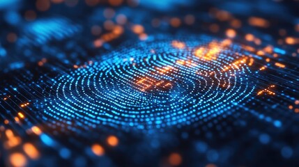 Digital fingerprint glowing with blue light and orange highlights on a dark abstract background