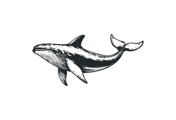 Fototapeta premium Detailed black and white drawing of a humpback whale in motion. Vector retro hand drawn illustration