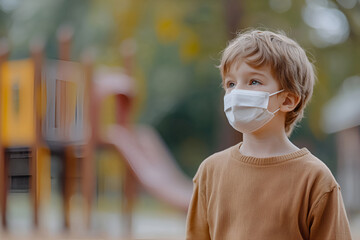 Caucasian young child wearing mask in playground outdoor setting