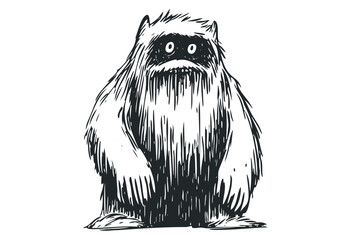 Cartoon yeti with shaggy fur and big eyes standing alone. Vector retro hand drawn illustration