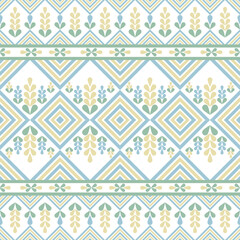 Seamless local art pattern in blue, green and yellow color on white background. Abstract ethic, native pattern design for embroidery, ornament, textile, texture, fabric, printing, background.