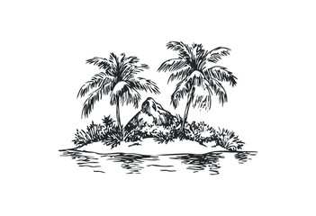 Sketched tropical island with palm trees and rock formation. Vector retro hand drawn illustration