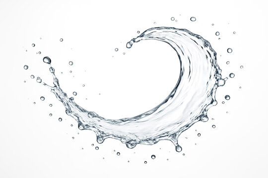 Side-angle shot of water splashing upward from a flat surface, isolated on white, dynamic arc shape with scattered droplets