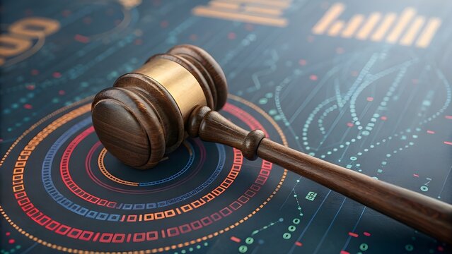 Navigating the future of law with a gavel amidst digital data streams ensuring justice in the age of information with - Powered by Adobe
