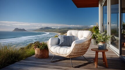 Coastal relaxation: Wicker chair on a deck overlooking the ocean, mountains, and horizon for a serene, scenic view.