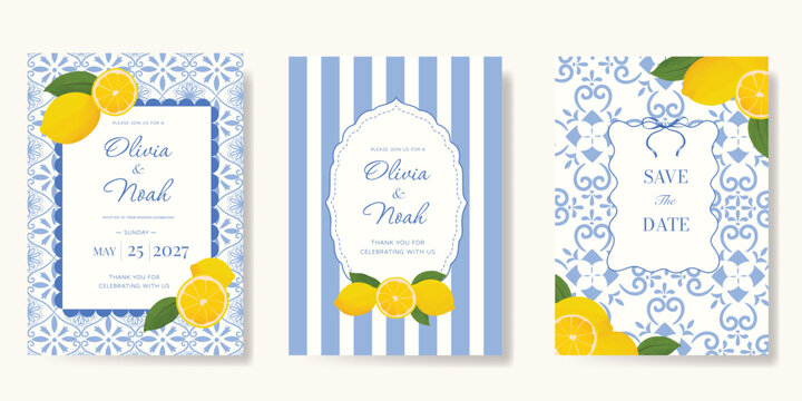 Indigo Italy summer invitation card vector. Italian poster with lemon, Blue Mediterranean tiles pattern, summer element. Design for wedding card, greeting card, bridal shower, cover.