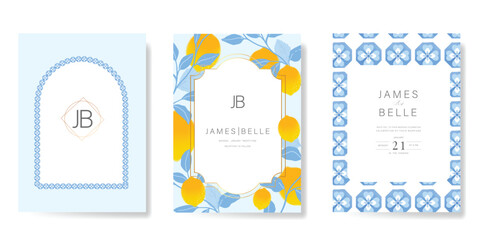 Indigo Italy summer invitation card vector. Italian poster with lemon, Blue Mediterranean tiles pattern, summer element. Design for wedding card, greeting card, bridal shower, cover.