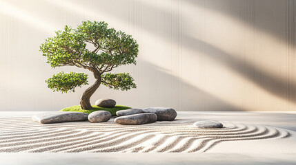 Minimalist Japanese Zen Garden Featuring Meticulously Raked Sand Smooth Stones and a Vibrant Bonsai Plant