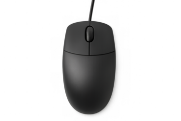 Classic black wired computer mouse isolated on transparent background, perfect for technology or office related projects
