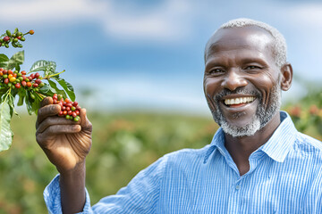Elderly african male farmer smiling with coffee berries on farm