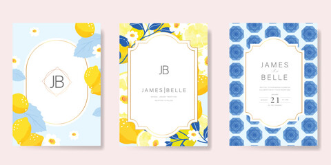 Indigo Italy summer invitation card vector. Italian poster with lemon, Blue Mediterranean tiles pattern, summer element. Design for wedding card, greeting card, bridal shower, cover.