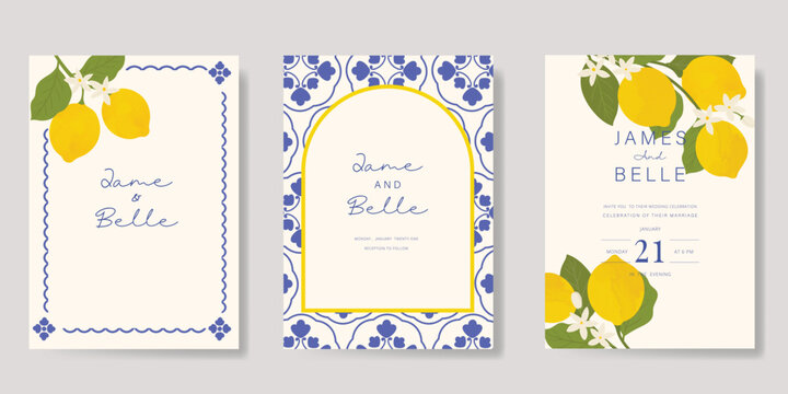 Indigo Italy summer invitation card vector. Italian poster with lemon, Blue Mediterranean tiles pattern, summer element. Design for wedding card, greeting card, bridal shower, cover.