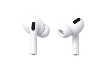 Modern white wireless earbuds isolated on transparent background, perfect for listening to music on the go