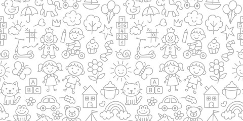 Preschool kindergarten doodle line seamless pattern. Cute daycare hand drawn elements.