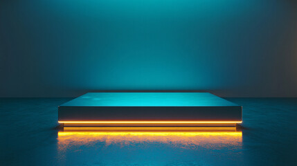 Minimalist Neon Cyan Rectangular Platform with Gold Accents on a Reflective Surface for Creative Applications