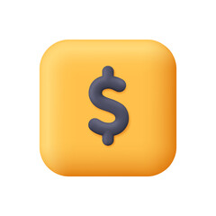 Black dollar symbol on yellow gold square button. Finance and fintech, investment, money saving, profit concept. 3d vector icon. Cartoon minimal style.