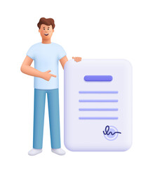 Smiling man James standing next to a large document with text lines and a signature, pointing at the paper. Business approval, agreement concept. 3d vector people character. Cartoon minimal style.